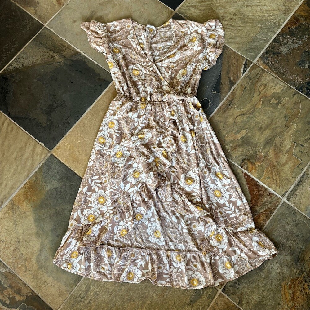 Sienna Sky Dress Womens Medium Brown Floral Faux Wrap Midi Flutter Sleeve